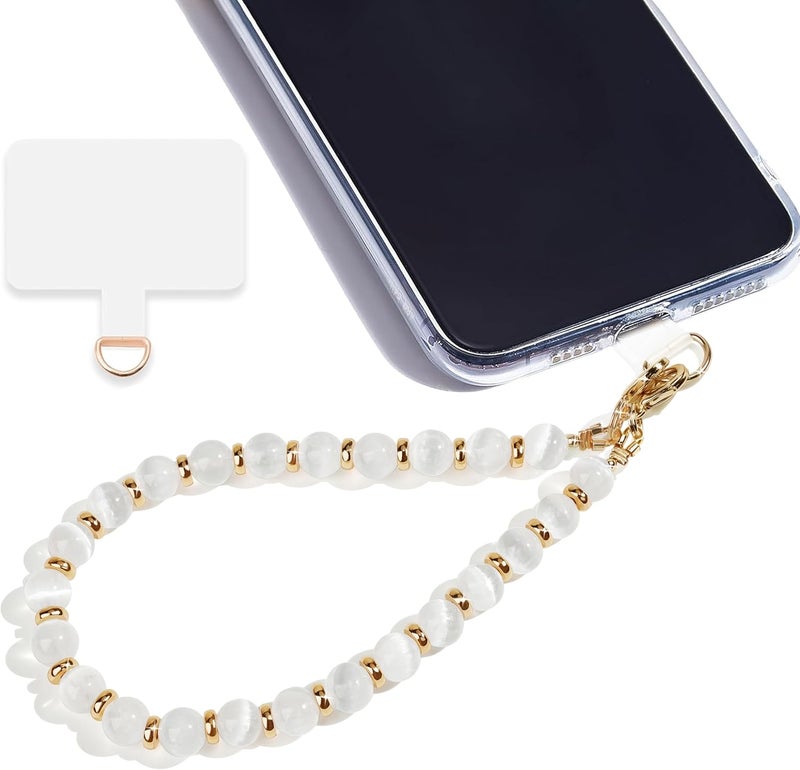 Lostars Store Marble Beaded Phone Wrist Strap,Detachable Phone Bracelet Strap with Tether Tab,Hands-Free Wristlet Strap (White Cat's Eye) - Image 1